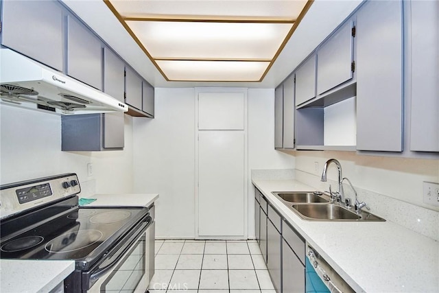 kitchen featuring sink, electric stove, dishwashing machine, and light tile patterned floors