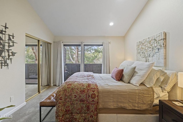 bedroom with carpet floors, access to outside, and high vaulted ceiling