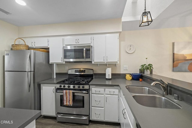 kitchen featuring white cabinetry, appliances with stainless steel finishes, dark hardwood / wood-style floors, and sink