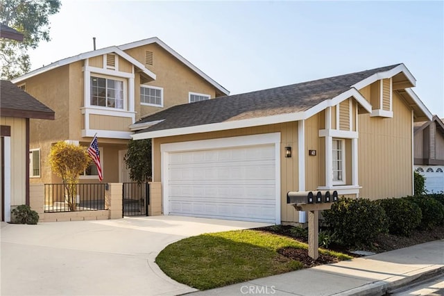 view of front of property with a garage, concrete driveway, and roof with shingles