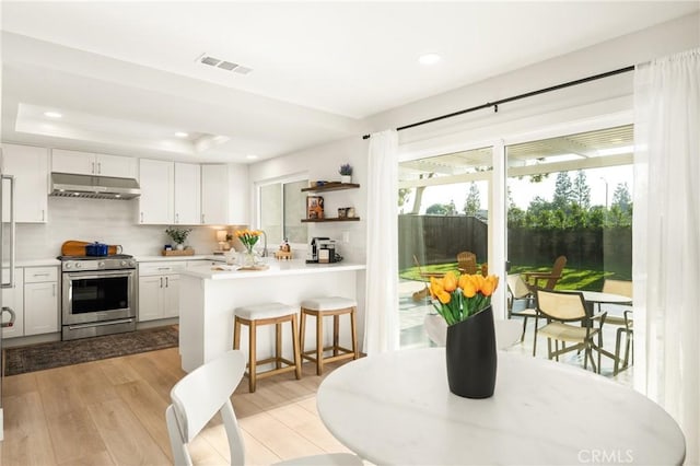 kitchen featuring stainless steel stove, under cabinet range hood, visible vents, light wood-type flooring, and a raised ceiling