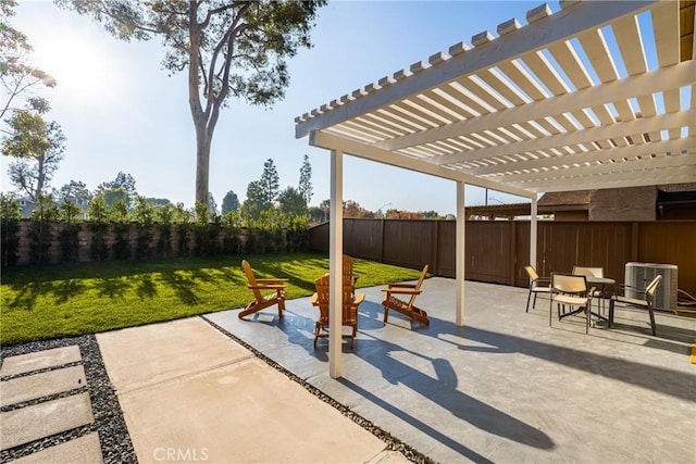 view of patio / terrace featuring a pergola, a fenced backyard, and central AC unit