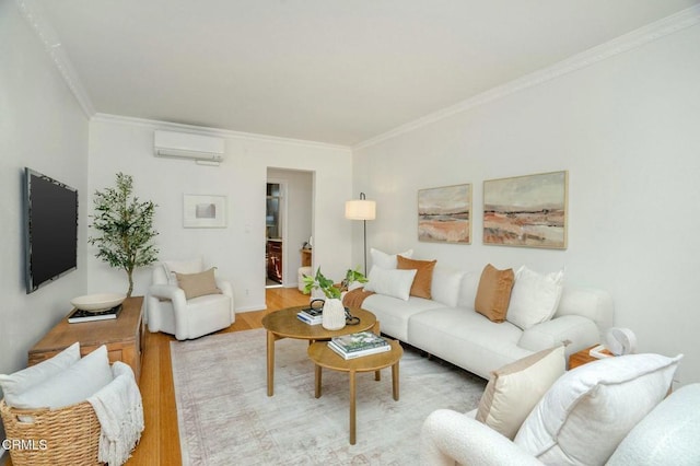 living room with hardwood / wood-style flooring, crown molding, and a wall mounted AC