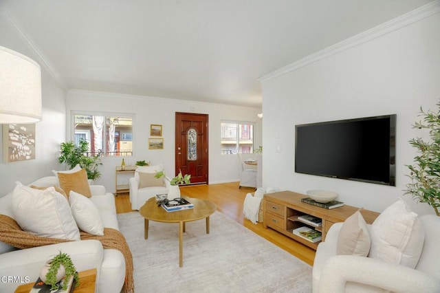 living room with light hardwood / wood-style flooring and ornamental molding