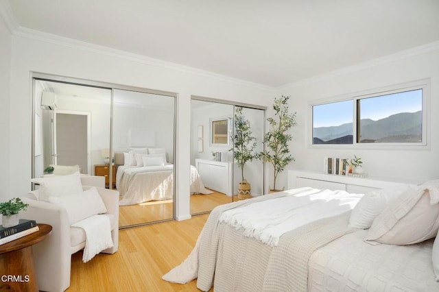 bedroom featuring hardwood / wood-style floors, ornamental molding, and two closets