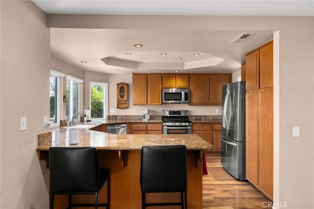 kitchen featuring appliances with stainless steel finishes, a kitchen breakfast bar, light stone counters, a tray ceiling, and kitchen peninsula