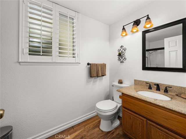 bathroom with vanity, curtained shower, wood-type flooring, and toilet