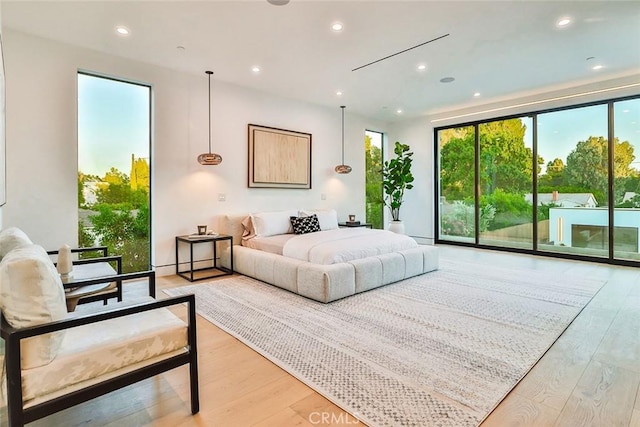 bedroom with wood-type flooring and access to exterior