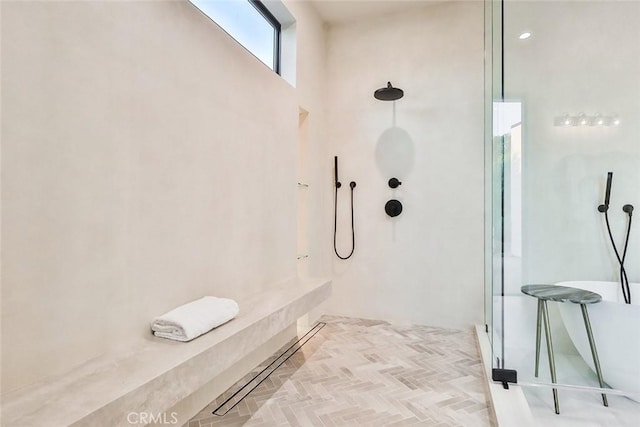 bathroom featuring parquet floors