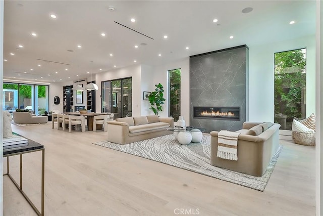 living room featuring light hardwood / wood-style flooring and a premium fireplace