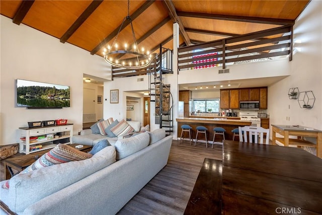 living room with high vaulted ceiling, wooden ceiling, dark hardwood / wood-style floors, and beamed ceiling