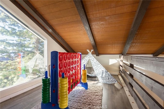 interior details featuring wood ceiling, beam ceiling, and hardwood / wood-style flooring