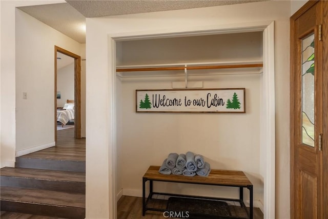 mudroom with dark hardwood / wood-style floors and a textured ceiling