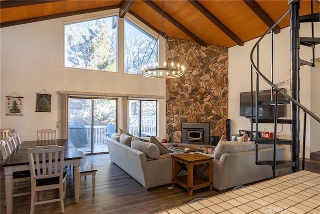 living room with high vaulted ceiling, beamed ceiling, a chandelier, hardwood / wood-style flooring, and wood ceiling