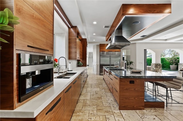 kitchen featuring a spacious island, a breakfast bar, sink, island range hood, and stainless steel appliances