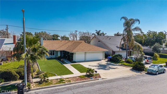 ranch-style house featuring a garage, concrete driveway, and a front yard