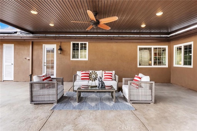 view of patio / terrace featuring ceiling fan and an outdoor hangout area