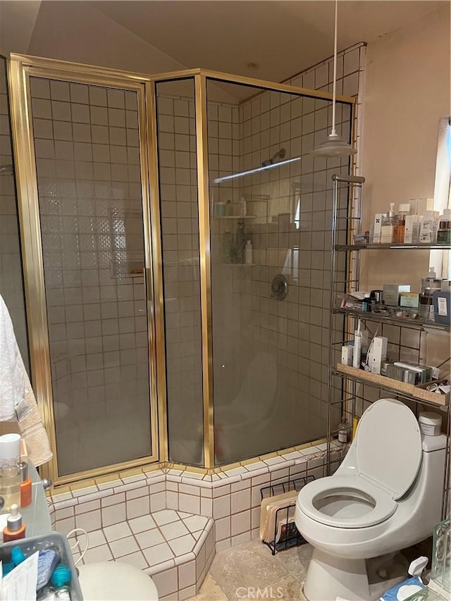 bathroom featuring an enclosed shower, tile patterned floors, and toilet