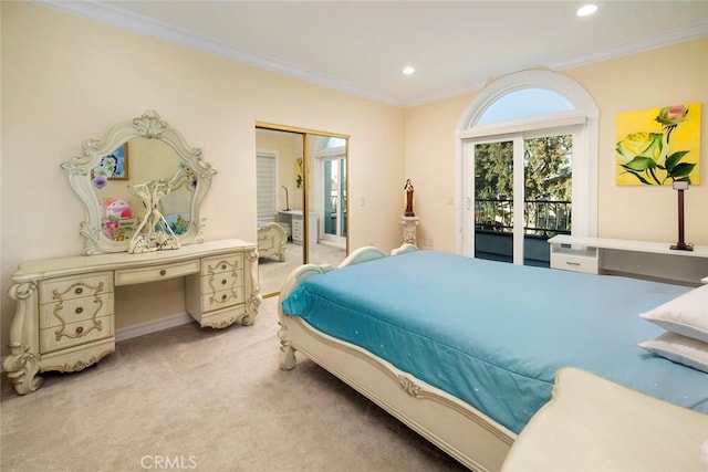 bedroom with recessed lighting, light carpet, access to outside, ornamental molding, and a closet