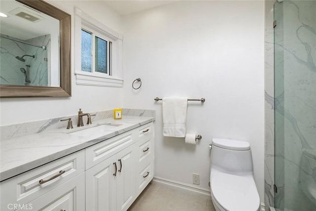 full bathroom featuring toilet, a marble finish shower, visible vents, and vanity