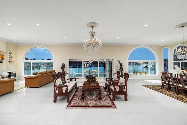 living area featuring a healthy amount of sunlight, crown molding, a notable chandelier, and recessed lighting