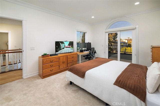 bedroom featuring baseboards, ornamental molding, access to exterior, carpet floors, and recessed lighting