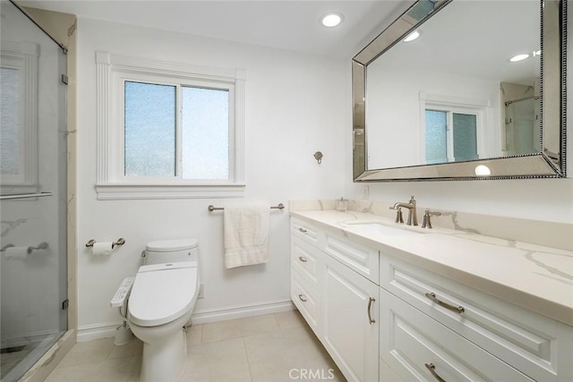 full bath featuring a stall shower, baseboards, toilet, tile patterned flooring, and vanity