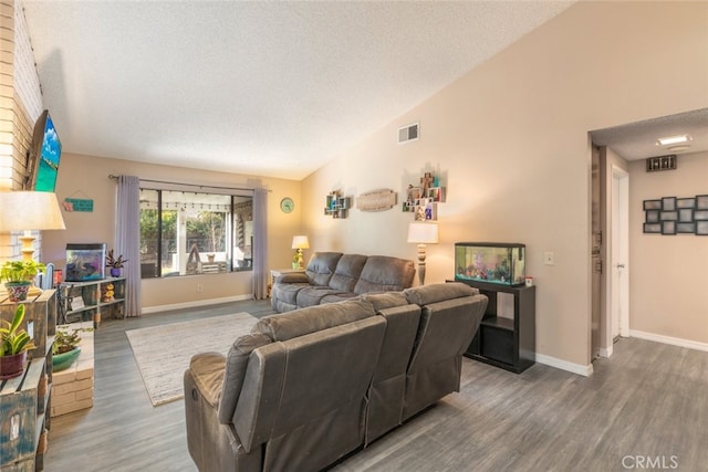 living room featuring lofted ceiling, hardwood / wood-style floors, and a textured ceiling