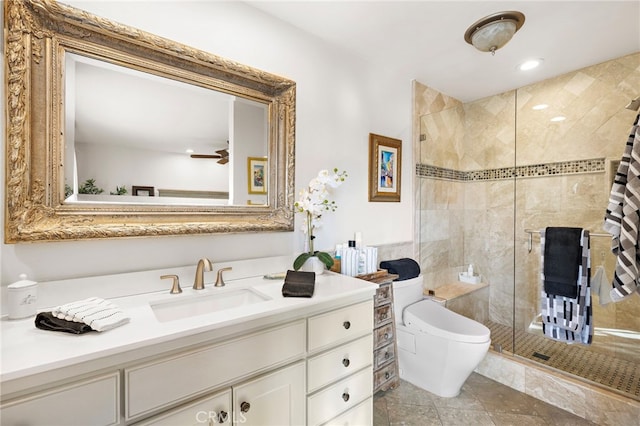 bathroom with vanity, an enclosed shower, and toilet