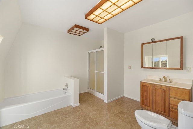 full bathroom with vanity, separate shower and tub, and toilet