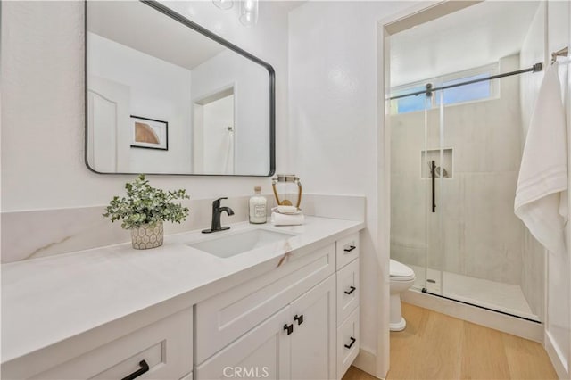 bathroom featuring a shower with door, vanity, wood-type flooring, and toilet