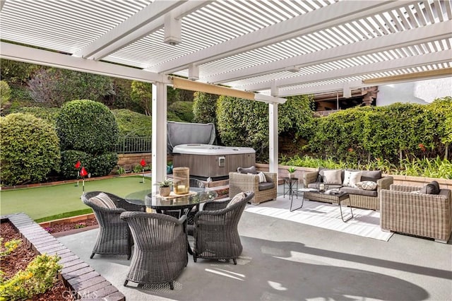 view of patio / terrace featuring a hot tub, an outdoor hangout area, and a pergola