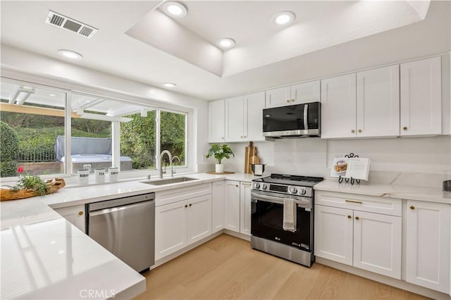 kitchen with sink, light wood-type flooring, a raised ceiling, stainless steel appliances, and white cabinets