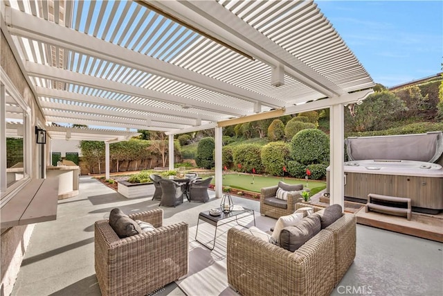 view of patio featuring an outdoor living space, a hot tub, and a pergola