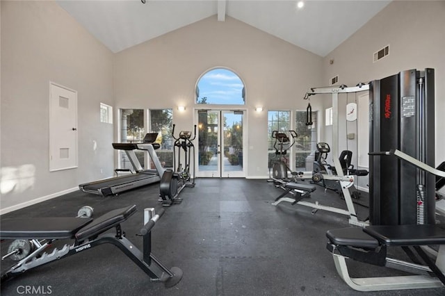 gym featuring french doors and high vaulted ceiling