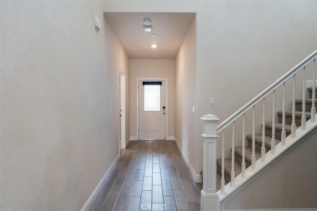 315 Timberline Way S, Madera, CA 93636 - doorway to outside with wood finished floors, stairs, and baseboards