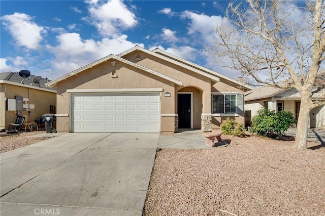 ranch-style house with stucco siding, concrete driveway, and a garage