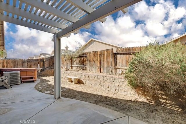 view of patio with cooling unit, a hot tub, and a pergola