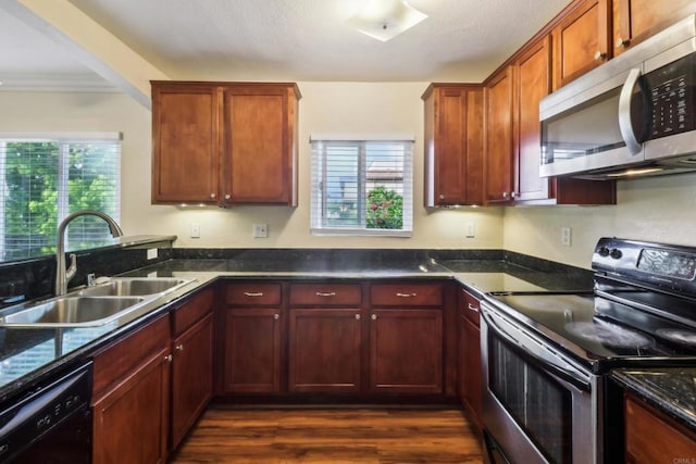 kitchen featuring dark wood-type flooring, stainless steel appliances, sink, and a wealth of natural light