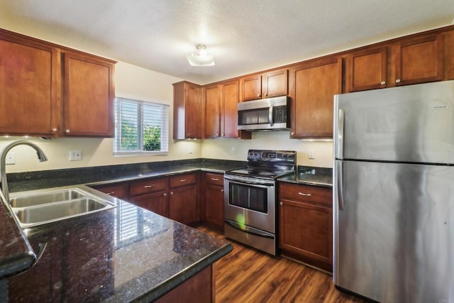 kitchen with sink, stainless steel appliances, and dark hardwood / wood-style floors