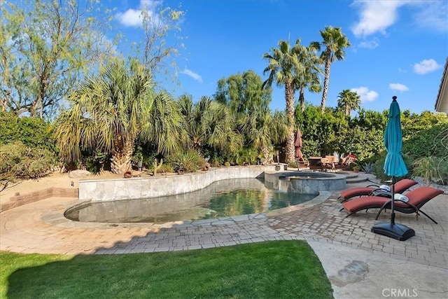 view of swimming pool with a patio and an in ground hot tub