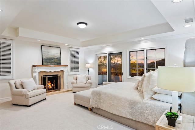 bedroom with a raised ceiling and carpet floors