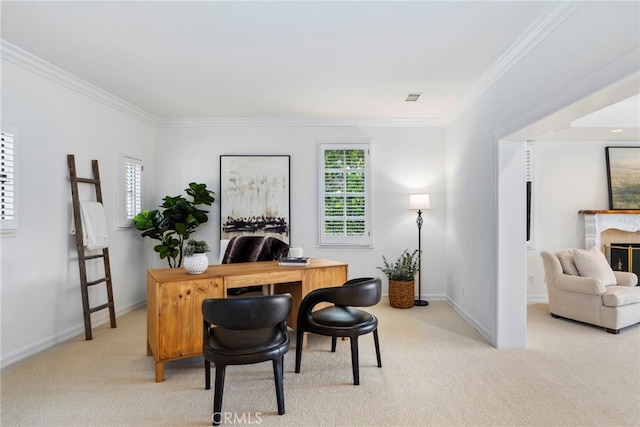 office with crown molding and light colored carpet