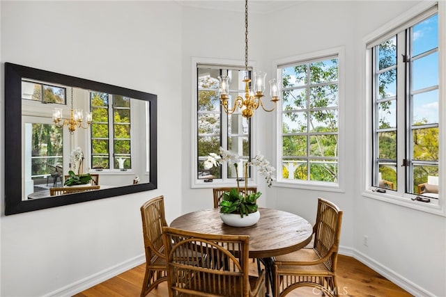 dining space featuring hardwood / wood-style flooring, a healthy amount of sunlight, and a notable chandelier