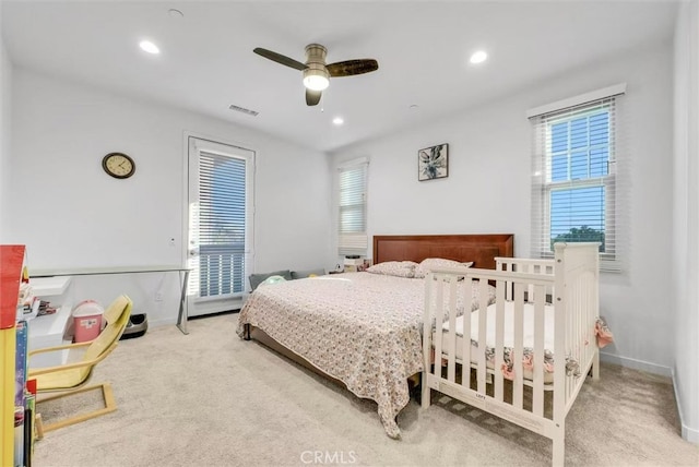 bedroom featuring baseboards, carpet, visible vents, and recessed lighting