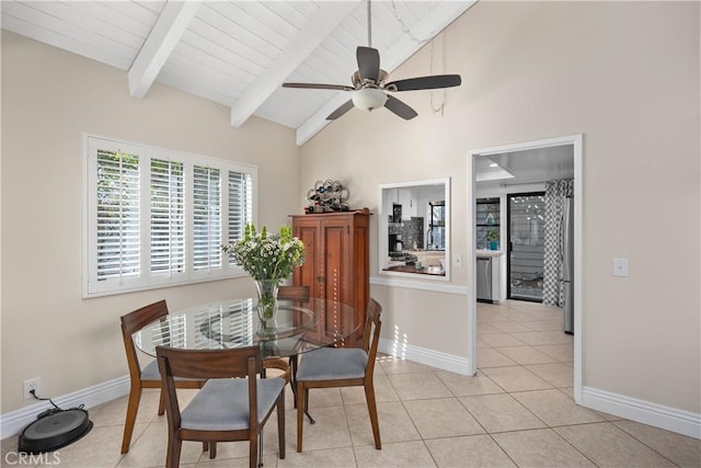 dining area featuring ceiling fan, high vaulted ceiling, beamed ceiling, and light tile patterned flooring