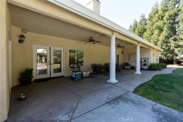 view of patio with ceiling fan and french doors