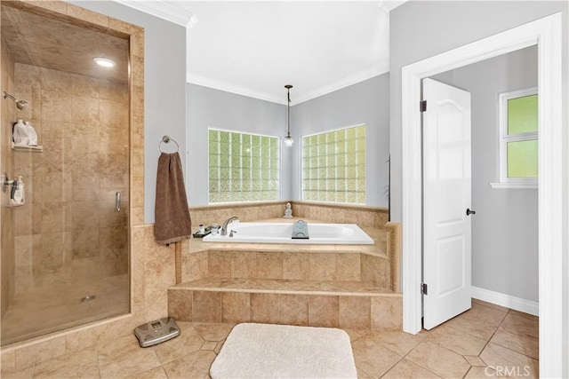 bathroom featuring tile patterned floors, ornamental molding, and plus walk in shower