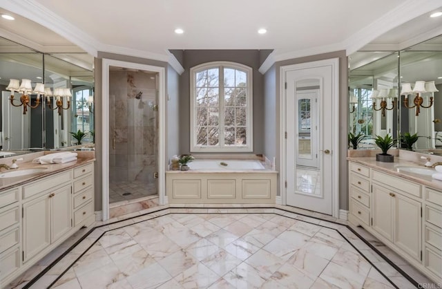 bathroom with crown molding, shower with separate bathtub, a notable chandelier, and vanity