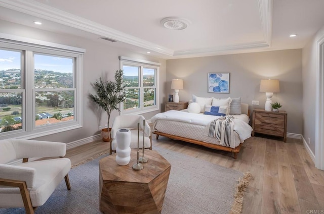 bedroom featuring crown molding, light hardwood / wood-style flooring, and a raised ceiling